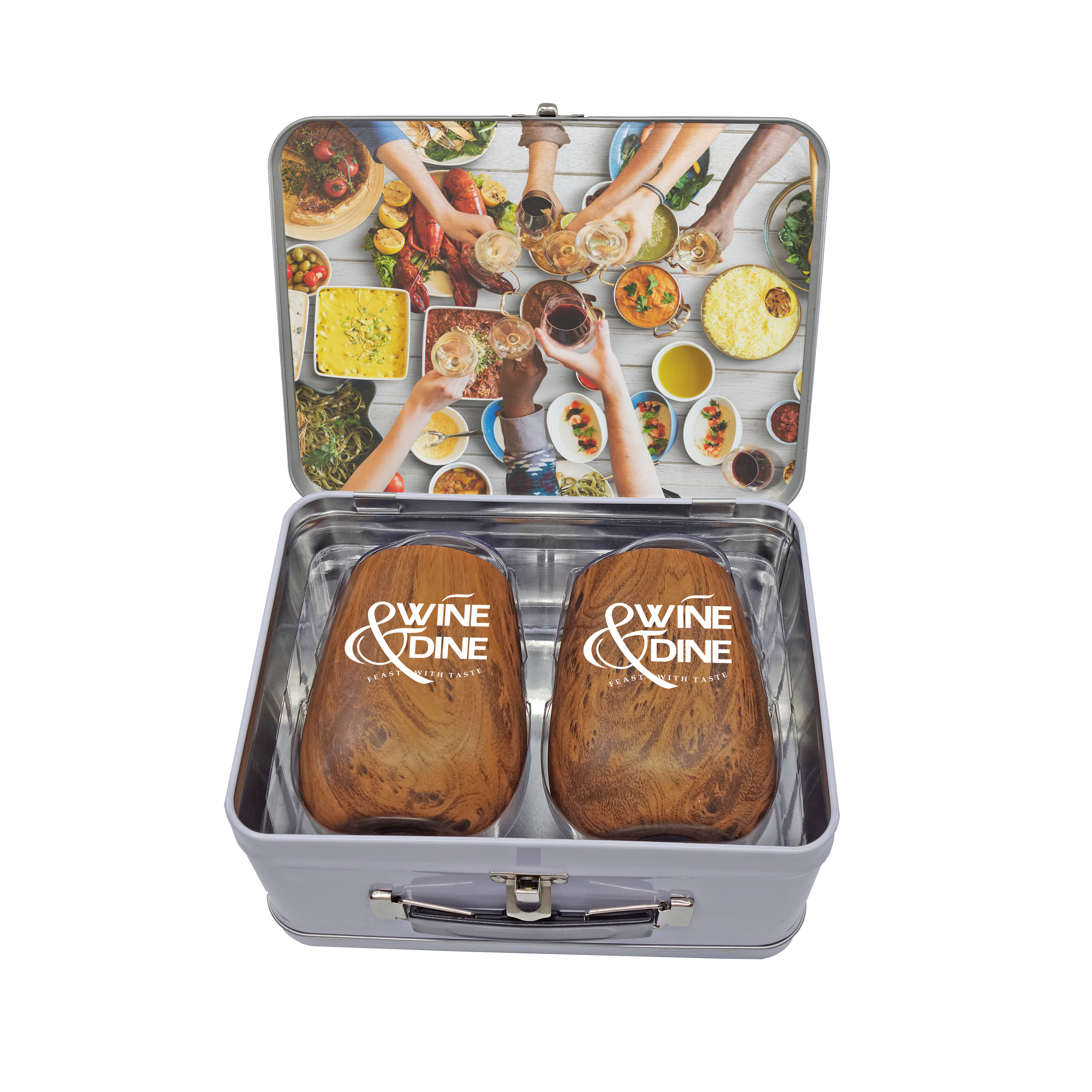 Retro Lunchbox + Double 10 oz Stemless Wood Tone Wine Glass In Vacuum Insert