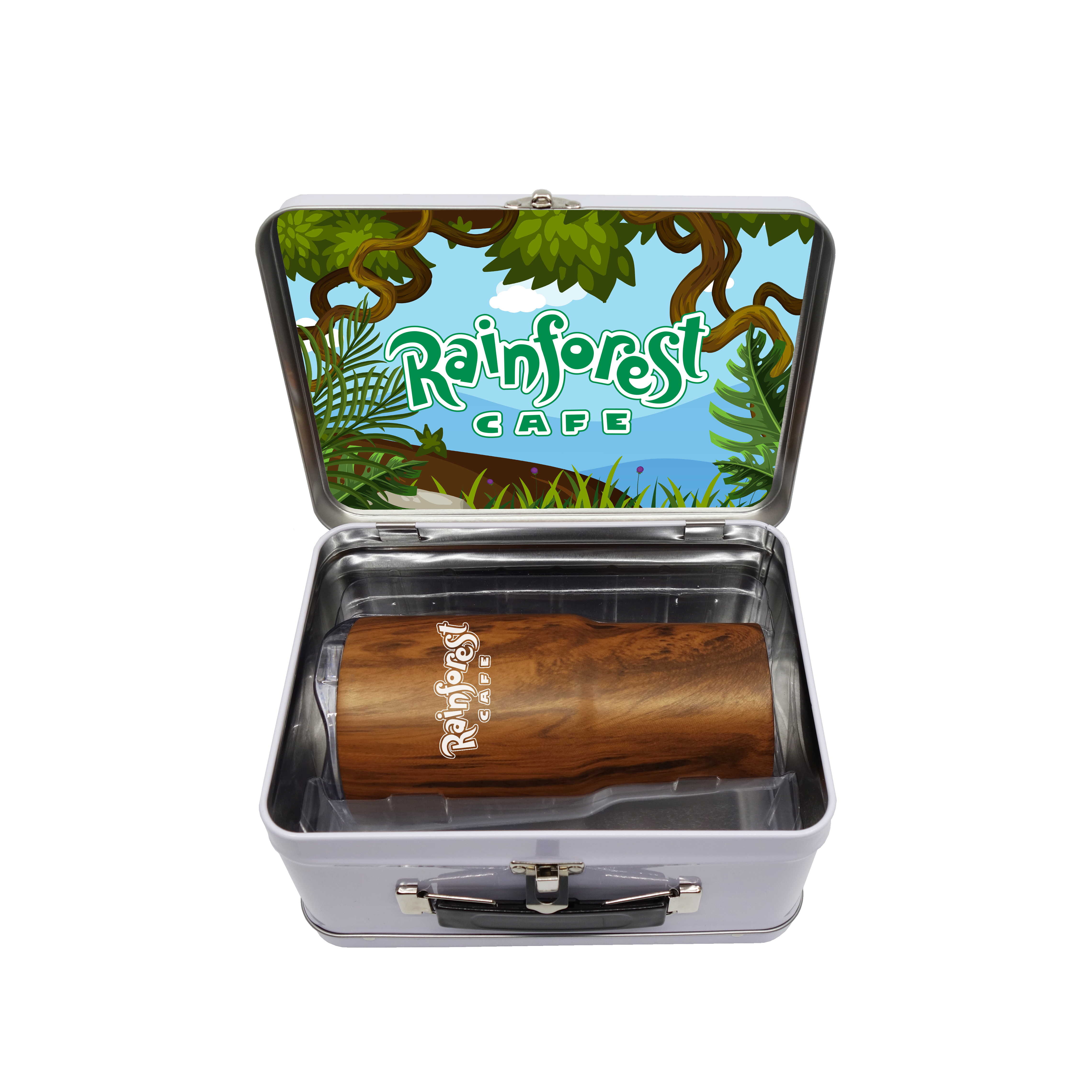Retro Lunchbox + Contoured 20 oz Wood Tone Stainless Steel Tumbler In Vacuum Insert