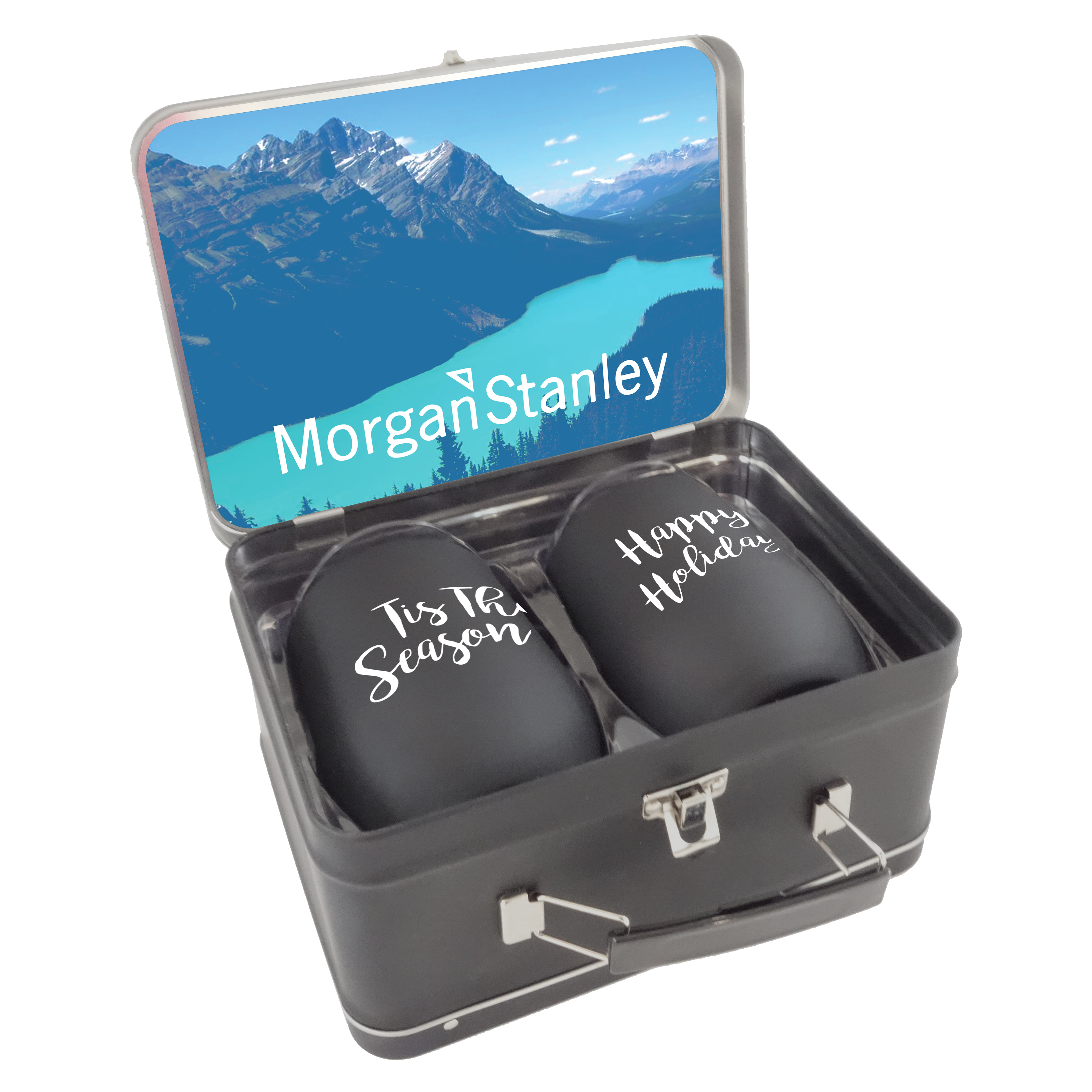 Matte Black Retro Lunchbox + Double 12 oz Rubberized Finish Stemless Wine Glass In Vacuum Formed Insert