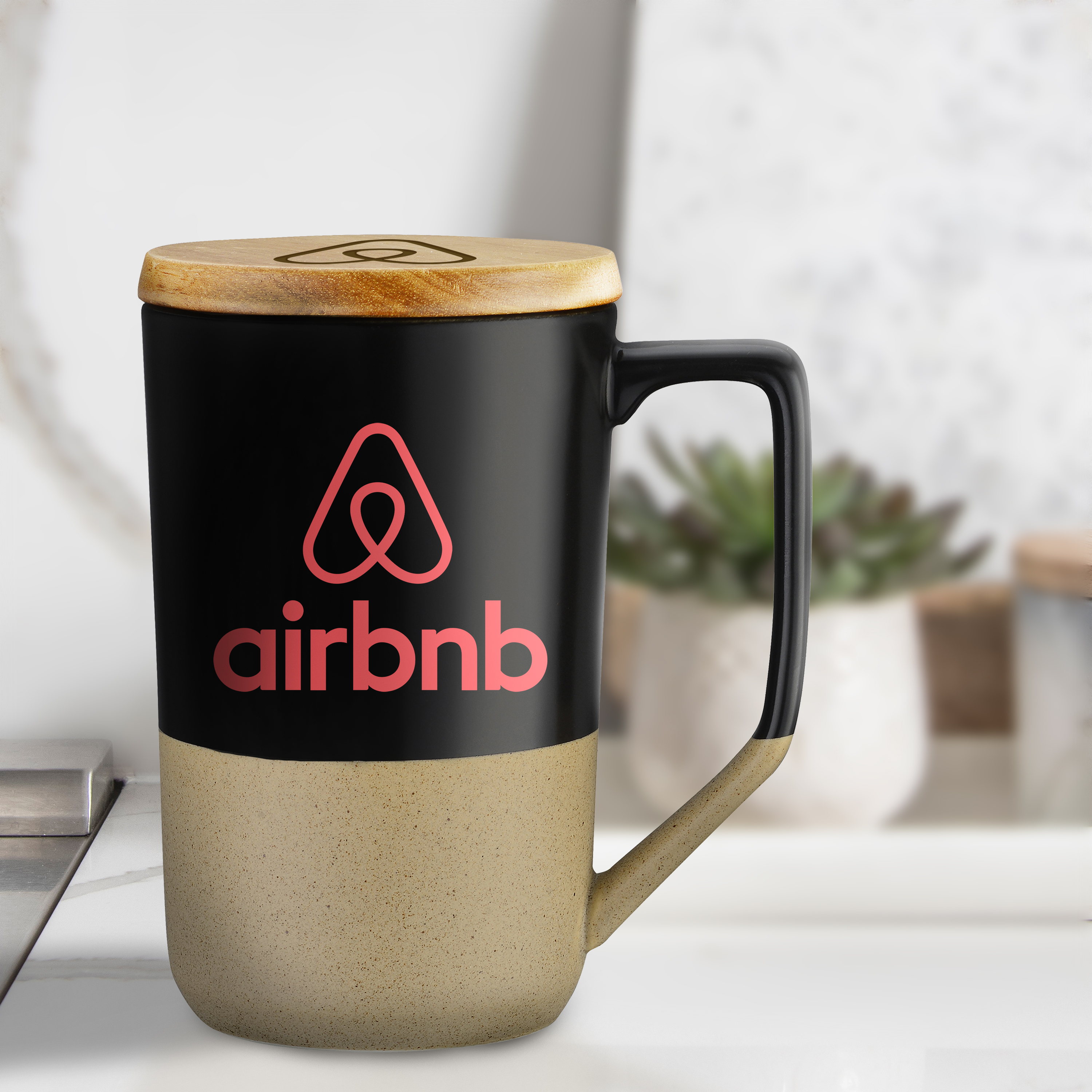 15 oz Two-Tone Ceramic Mug W/ Wood Lid